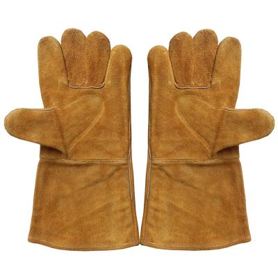 China Yellow 14 Inch Welding Cow Split Leather Welding Gloves Anti-Slip Short Cuffs Heat Resistant for sale