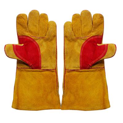 China Yellow 14 Inch Welding Cow Split Leather Welding Gloves Anti-Slip Short Cuffs Heat Resistant With Reinforcement At Palm for sale