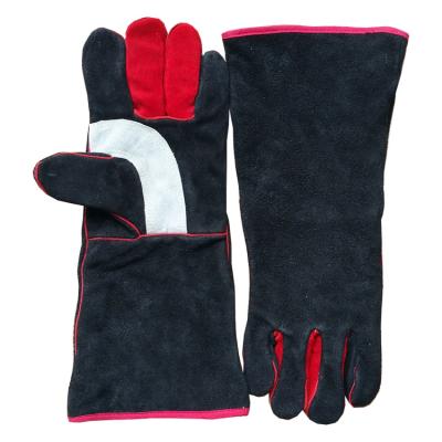 China 16 Inch Welding Cow Split Leather Welding Gloves Heat Resistant Reinforcement in Red Palm Black and Gray Kevlar Thread Stitched for sale