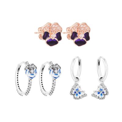 China 2022 New 925 Sterling Silver Blue Pansy Flower TRENDY Circle Earrings For Women Teen Girls Fashion Jewelry Ear Brincos Wholesale for sale