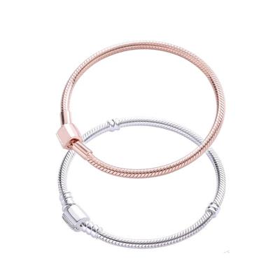 China Romantic Genuine 925 Sterling Silver Moments Barrel Clasp Snake Chain Bracelets For Women DIY Charm Bead Jewelry Making Pulseras for sale