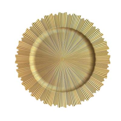 China Hot Sale 2023 Wedding Stocked Charger Plate 13 Inch Gold Reef Plastic Charger Serving Dish Party Tableware Table Decorations for sale