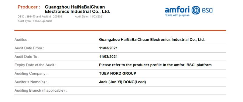 BSCI - Guangzhou Hai Na Bai Chuan Electronics Industrial Co., Ltd.