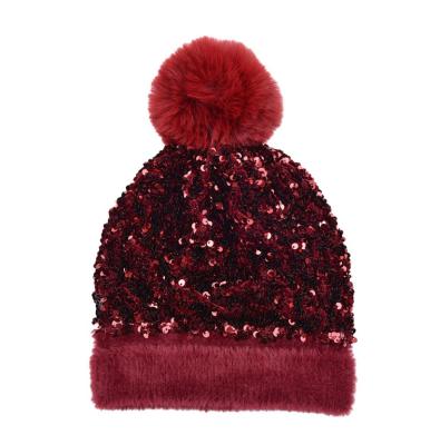 China JOINT Women Red Sequins Knitted Fur Detachable Ball Design Hat Fashionable New for sale