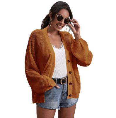 China New Arrival Anti-wrinkle Women Puff-sleeve Sweater Solid Color Button Coat Fashion V-Neck Knitted Cardigan for sale