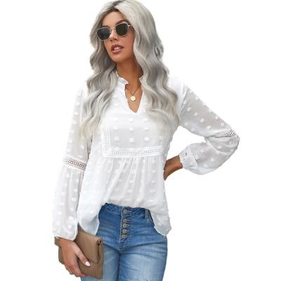 China Hot Sale Causal Ruffled Split Chiffon Breathable Mesh Women Tops Neck Shirts Lantern Sleeve Blouses for sale