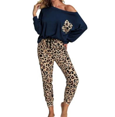 China Autumn breathable high quality crew neck spring factory leisure pants upper leopard printed two pieces set for sale