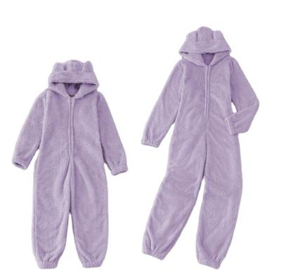 China free shipping mommy and me QUICK DRY casual home rompers plush purple hooded jumpsuit loungewear for sale