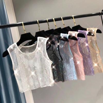 China European and American Glitter Diamond Tank Top Water Diamond Mesh Club Summer Breathable Cutout Sexy Soft Bottom Shirt Top for sale