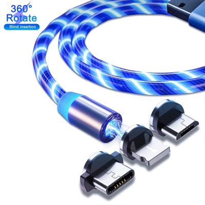 China High Quality Multi Function Magnetic Cable 360 ​​Rotate Magnetic Charging Cable Led Light 2.4A 1m Fast Charging 2m Night Magnetico Cabos Flow Usb Luminous Cable for sale