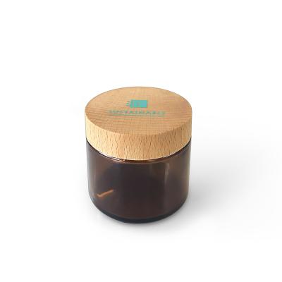 China natural & Eco-friendly sustainable skin care cosmetic packaging of100g face cream amber glass jar with bamboo lid for sale