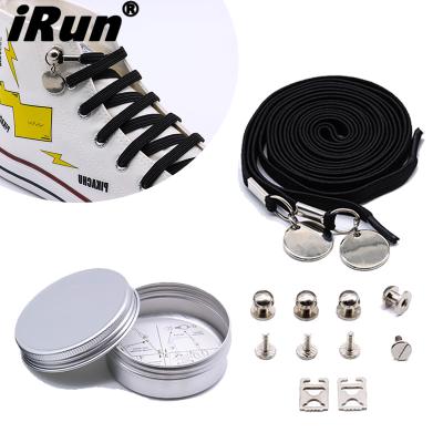 China Irun Flat Lazy High Elasticity Laces Shoes Toggle Custom Logo Custom Tin Box Accessories Package No Tie Elastic Lace for sale