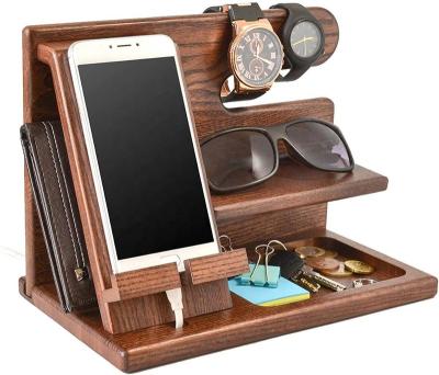 China Custom Adjustable Wooden Dock Organizer Wooden Mobile Base Charging Phone Stand Watch Holder Walnut Wooden Phone Docking Station Men Gift for sale