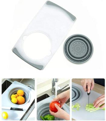 China Sustainable Multifunctional Over-the-Sink Cutting Board with Removable Collapsible Colander, Food Grade 3-in-1 Plastic Chopper for sale