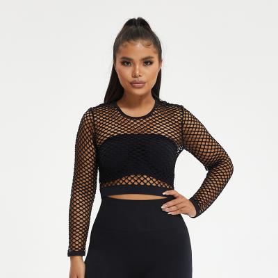 China 2022 OEM ODM Clubwear QUICK DRY Women's Sexy Long Sleeved T-shirt Top See Through New Design Sexy Daily Wear Blouse Net Crop Shirt for sale