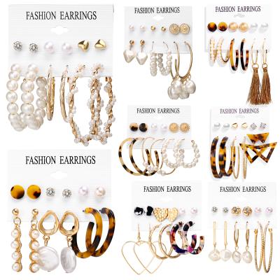 China TRENDY 17KM Acrylic Pearl Earrings Mixed Designs Leopard Tassel Stud Earrings Set For Women Fashion Jewelry for sale