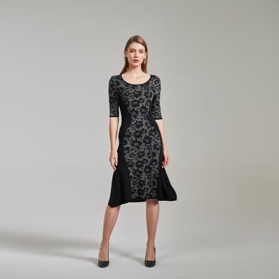 China Wholesale New Collection Women Office Lady Formal Black Jacquard Flowers Breathable Pattern Midi Dresses for sale