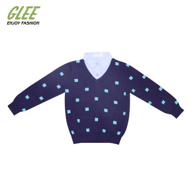 China Viable Jacquard Pattern Boy Coat Two Sweaters Pullover Sweatshirt School Uniform Hooded Type Ribbed Jacquard Knit Pullover Child for sale