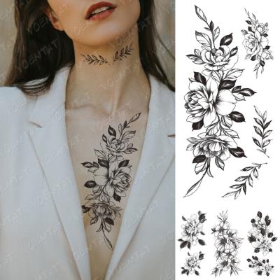 China Temporary Peony Plum Blossom Green Leaf Flash Tattoos 3D Sketch Body Art Female Minimalist Waterproof Temporary Tattoo Sticker for sale