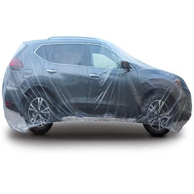 China Water Resistant Clear Plastic Car Cover With Disposable Plastic Auto Cover Elastic Band Car Cover Waterproof Universal Fit Multiple Models for sale