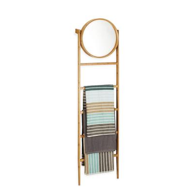 China 5-Tier Natural Bamboo Towel Rack Ladder Rack Bathroom Shelf With Mirror for sale