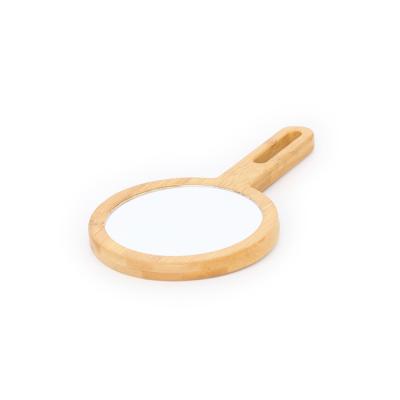 China Minimalist Custom One Side Round Hand Held Wooden Bamboo Cosmetic Mirror for sale