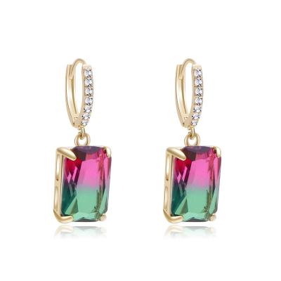 China Watermelon Tourmaline Lead Free Nickel Free Rectangle Dangling Tasty CZ Full Stone Clip Jewelry Sparkle Earrings for sale