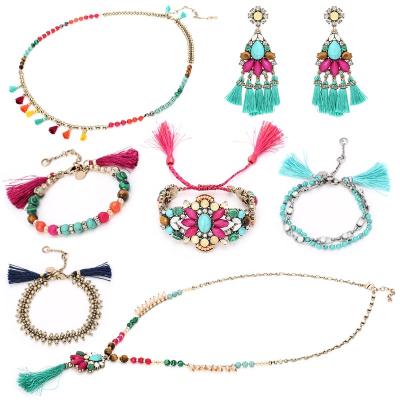 China Wholesale Necklace Jewelry Sets Vintage Tassel Natural Stone Bracelet Turkish Environmentally Friendly Pendant Earring Ethnic Pendant for sale