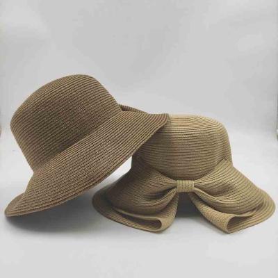 China Bowknot Striped Large Brim Straw Sun Beach Summer Back Split Hat for sale