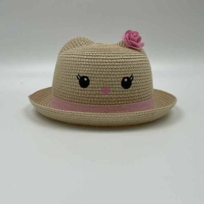 China Customized Cute Striped Kids Ear Paper Hat Summer Girl Kids Fedora Hat Embroidered Hat for sale