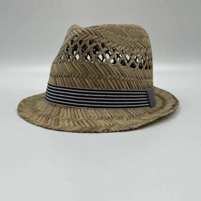 China Wholesale Stripped Vellum Striped Hollow Out Ribbon Design Straw Panama Fedora Hat For Men Sun Hat for sale