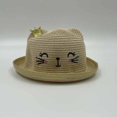 China Customized Cute Kids Striped Paper Straw Hats Panama Felted Hat Cap With Cat Ears for sale