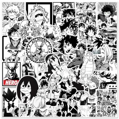 China 50Pcs Decorative Sticker Black White My Hero Academia Sticker For Boy Student Bottle Fridge Guitar Luggage Laptop Cartoon Stickers for sale