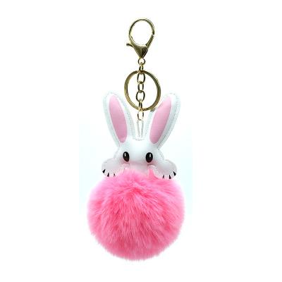 China Fashional 25 Colors Cute Woolen Print Leopard Rabbit Ear Bag Plush Key Chain Pendant Pom Pom Ball Ring Plush Fur for sale