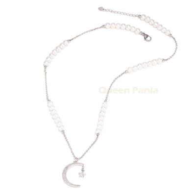 China Queen of Panla High Quality Pearlescent Pendant Necklace 925 Sterling Fashion Jewelry Silver Moon and Star Necklace for sale