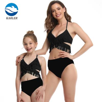 China High Waist Breathable High-end Tassels String Two Piece Bikini Set Family Black Solid Swimsuit Beach Wear for sale