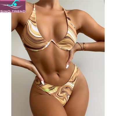 China 2022 SINO.TREND Removable Padded Barbell Print Underwire Bikini Set High Cut Bather Swimsuit Women Swimwear Female Two-Pieces for sale