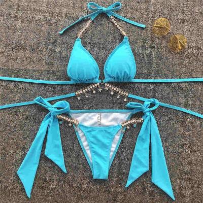 China 2021 New Bling Diamond Halter Bikini Triangle Swimsuit Women Swimwear Waterproof Two-Piece Bikini Set Bather Bathing Suit Lady 3 Colors for sale