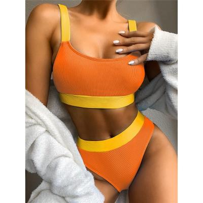 China Waterproof 2021 Women Splicing High Waist Bikini Set Female Lady Split Swimwear Patchwork Width Adjustable Straps Swimsuit Beachwear for sale