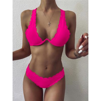 China Waterproof Neon Scallop Solid V-wire Bikini Set Two-Piece Lady Triangle Swimwear Women Underwire Swimwear 2021 Sexy Swimwear Beachwear for sale