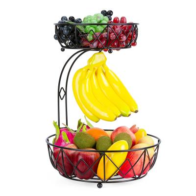 China With Banana Hanger 2 Tier Countertop Fruit Basket Bowl With Banana Hanger For Kitchen Dining Table for sale