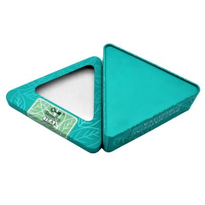 China Recycled Materials Triangle Metal Gift Box With Window Food Boxes For Biscuit Candy Cookies for sale