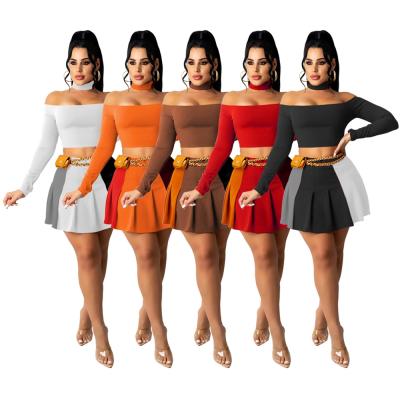 China Anti-static women fall 2021 2 piece off shoulder crop tops with pleated skirt ladies club skirt two piece set for sale