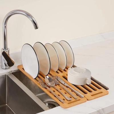 China Sustainable Foldable Bamboo Dish Drying Rack Over Sink Drying Rack Dish Drainer For Universal Kitchen Countertop Over Sink Rack for sale