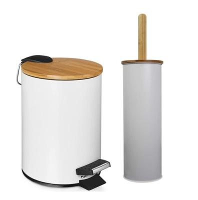 China Lid Sustainable Bamboo Waste Bin With Lid Round Toilet Brush Holder Trash Can Waste Bin With Bamboo Lid For Bathroom for sale