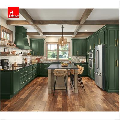 China Traditional Allandcabinet U Shape American Framed Olive Green Bespoke Kitchen Cupboard Recessed Panel Sideboard With Island for sale