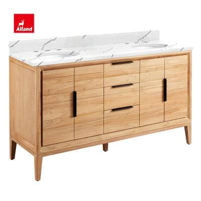 China Allandcabinet Modern Design Natural Teak Texture Wood Grain Bathroom Vanity With Double Under Mount Sink For Contemporary Home for sale