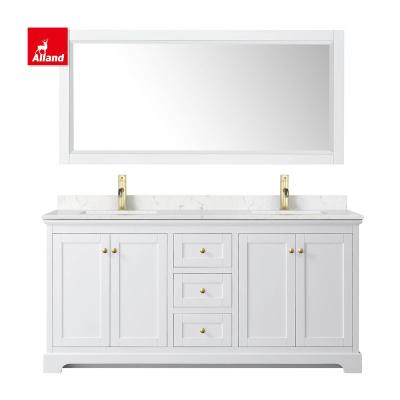 China Allandcabinet Transitional Shaker Style Double Bathroom Vanity Pure White Bespoke Lacquer Painted Vanities With Gold Faucet For Modern Home for sale