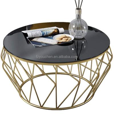 China Decorative round glass coffee table tempered black glass-metal coffee table for living room for sale