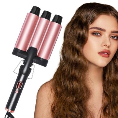 China LED Digital Display Three Barrel Big Wave Curling Iron Wave Hair Styling Tools LCD Display Hot Ceramic Wand Curl Curling Machine for sale